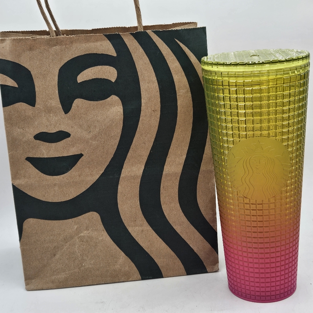 Nwt Starbucks Pink Yellow Ombre Grid Tom Venti 24 Oz Tumbler